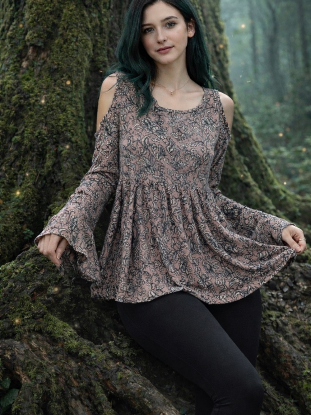 American Eagle Outfitters Mauve Floral Cold-Shoulder Babydoll Tunic